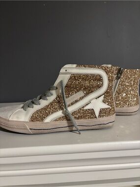Gold Glitter High-Top Sneakers with White Suede Trim Sz 41